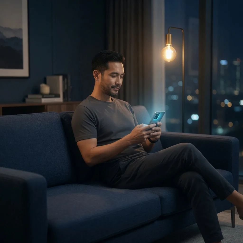 Pengguna dewasa menggunakan telefon dengan santai